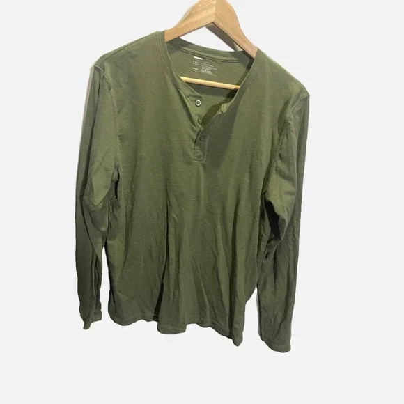 Public Opinion Mens Long Sleeve Henley Shirt Olive Green Slub Cotton Blend M - Picture 2 of 4